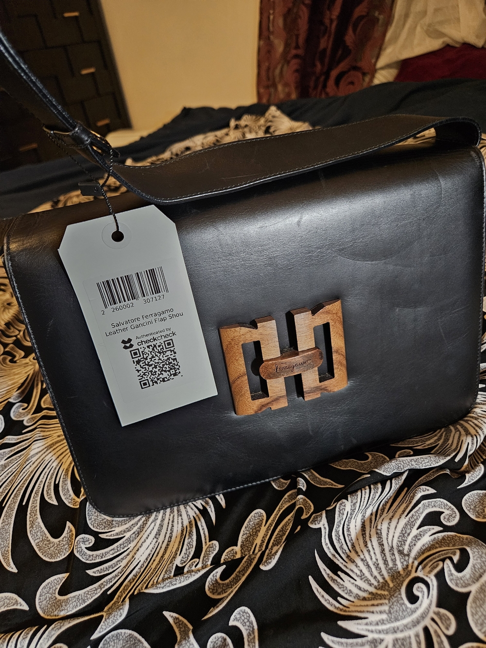 Salvatore Ferragamo Black Leather Shoulder Bag with Wooden Gancini